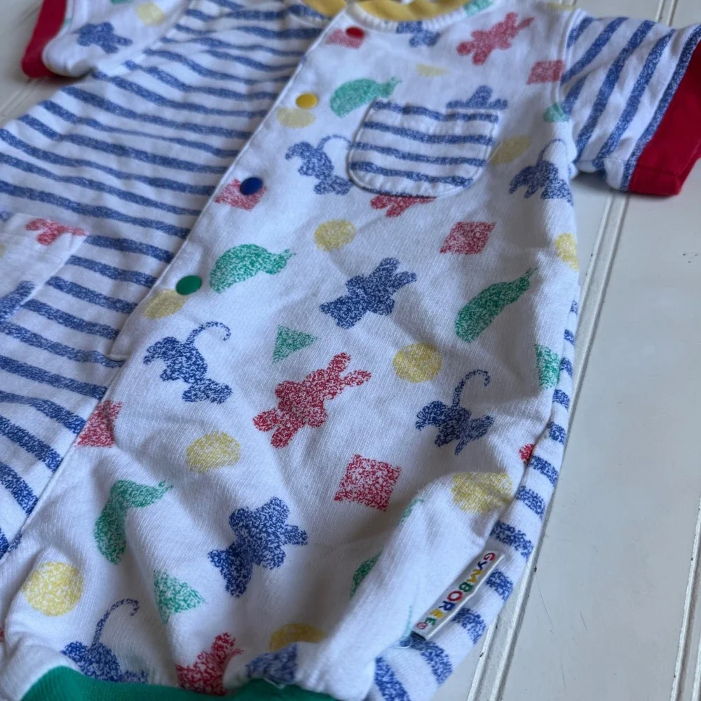 Vintage 90s Gymboree Baby Romper Primary Colors Striped Animal Print 100% Cotton